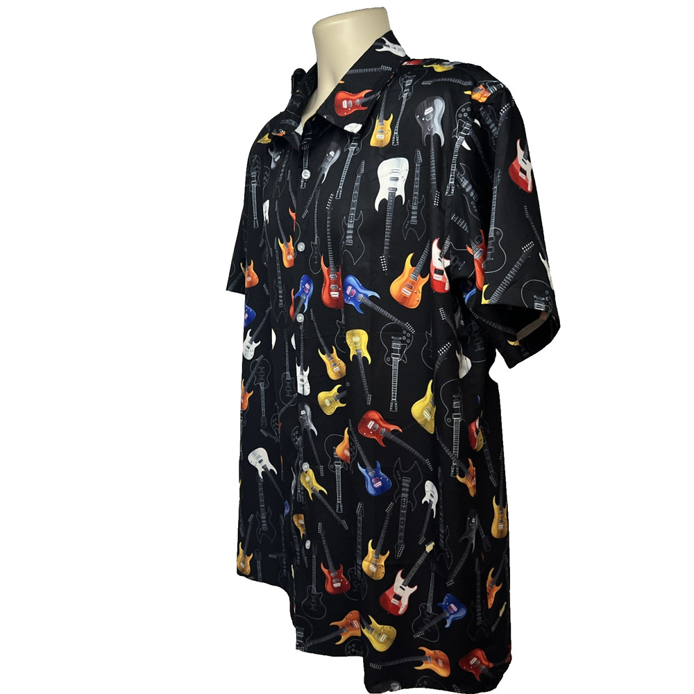 All Over Graphic Guitars Black Button Up Shirt Mens XL Soft Relaxed Stretch - Picture 3 of 7